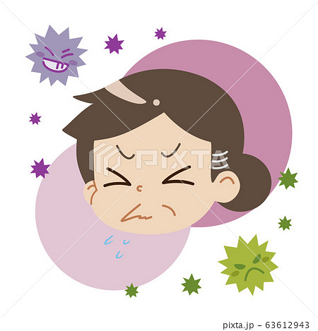 クシャミをしている中年女性とウイルスのイラスト（主線無し） 63612943
