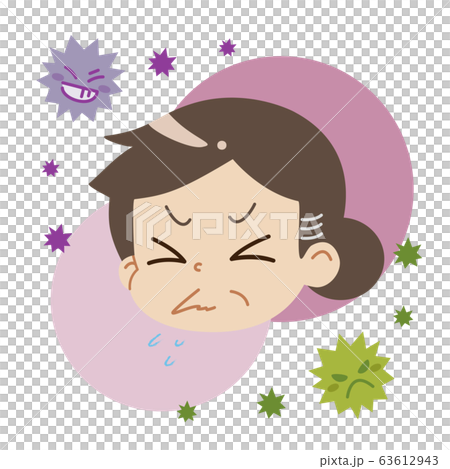 クシャミをしている中年女性とウイルスのイラスト（主線無し） 63612943