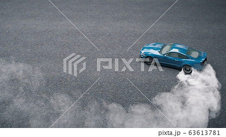 Drift sports car on the asphalt. Thick smoke from burning tires. 3D Rendering Drift sports car on the asphalt. Thick smoke from burning tires. 3D Rendering 63613781