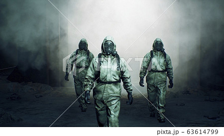 Stalkers in military protective clothing and a gas mask are walking along an abandoned and deserted metro. The concept of a post-apocalyptic world after a nuclear war. 3D Rendering 63614799