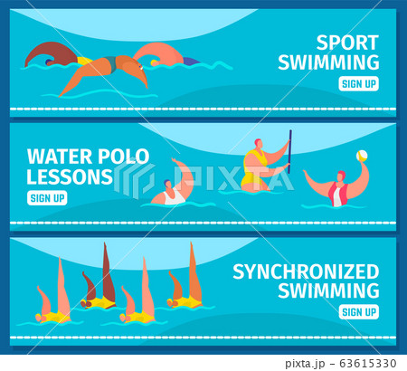 Swimming sport with people professional swimmers in swimming pool, web banners set flat vector illustration. Swimming sport with people professional swimmers in swimming pool, web banners set flat vector illustration. 63615330