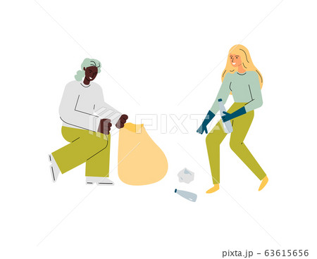 Two volunteer women picking up garbage into trash bags and smiling 63615656