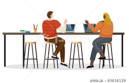 Coworkers Greet Each Other, People Work on Laptops Coworkers Greet Each Other, People Work on Laptops 63616139