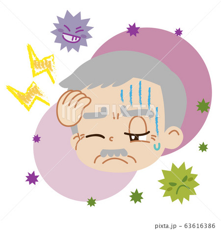 頭痛を患っている高齢男性とウイルスのイラスト（主線無し） 63616386