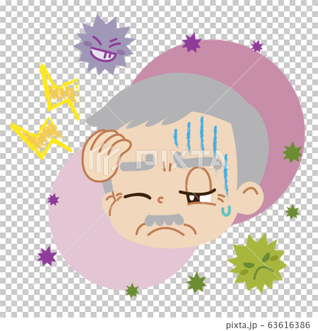 頭痛を患っている高齢男性とウイルスのイラスト（主線無し） 63616386