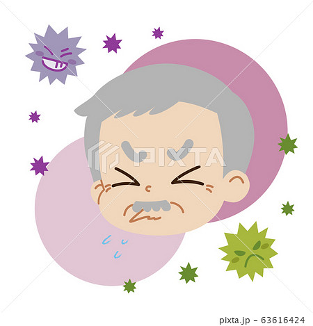 クシャミをしている高齢男性とウイルスのイラスト(主線無し) クシャミをしている高齢男性とウイルスのイラスト(主線無し) 63616424