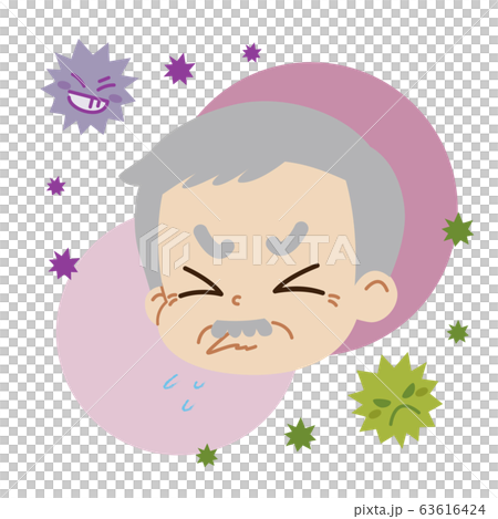 クシャミをしている高齢男性とウイルスのイラスト(主線無し) クシャミをしている高齢男性とウイルスのイラスト(主線無し) 63616424