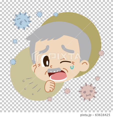 Illustration of an elderly man coughing and house dust (no main line) 63616425