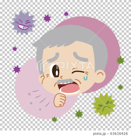 Illustration of an elderly man coughing and a virus (no main line) 63616426