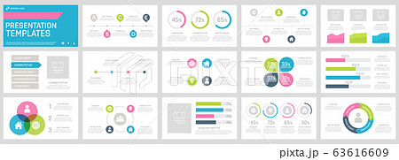 Set of green, blue, dark grey and pink elements for multipurpose presentation template slides with graphs and charts. 63616609