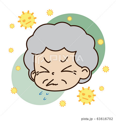 花粉症でクシャミが出ている高齢女性と花粉のイラストのイラスト素材