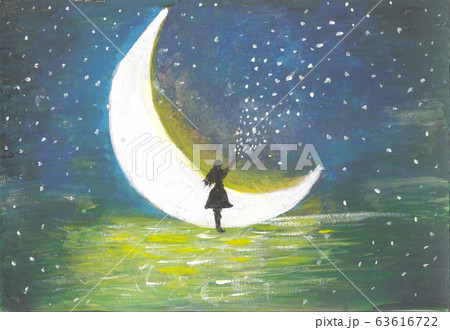 Girl silhouette standing near the moon. Magic 63616722