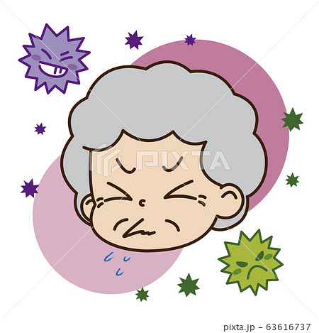 クシャミをしている高齢女性とウイルスのイラストのイラスト素材