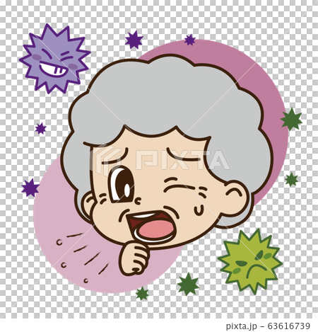 Illustration of an elderly woman coughing and a virus 63616739