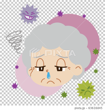 鼻水が出ている高齢女性とウイルスのイラスト（主線無し） 63616845