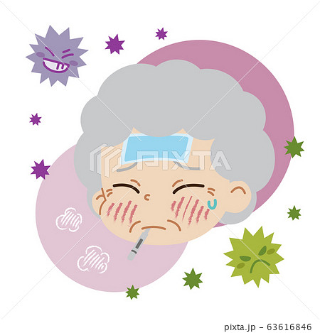 熱が出ている高齢女性とウイルスのイラスト（主線無し） 63616846