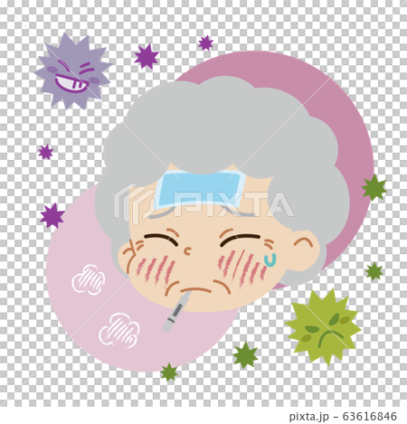 Illustration of an elderly woman with a fever and a virus (no main line) 63616846