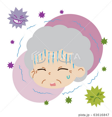 寒気・悪寒を感じている高齢女性とウイルスのイラスト（主線無し） 63616847