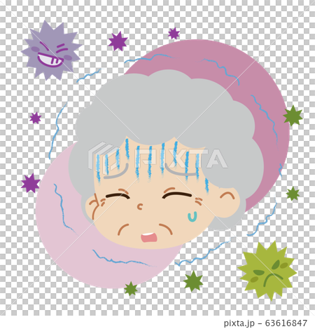 寒気・悪寒を感じている高齢女性とウイルスのイラスト（主線無し） 63616847