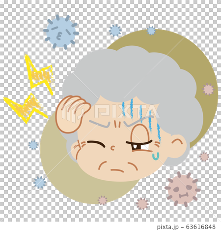 Illustration of an elderly woman suffering from a headache and house dust (no main line) 63616848