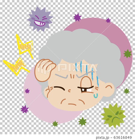 Illustration of an elderly woman suffering from headache and virus (no main line) 63616849