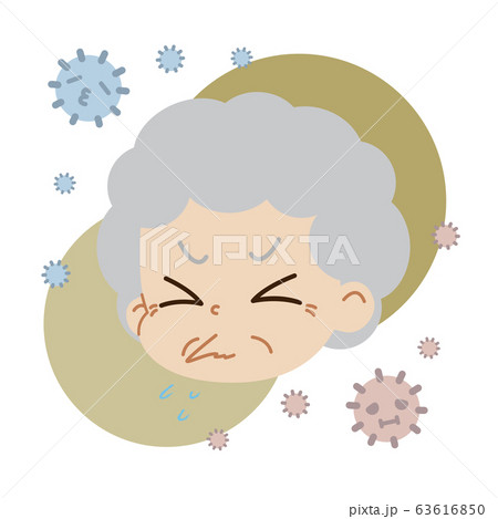 クシャミをしている高齢女性とハウスダストのイラストのイラスト素材