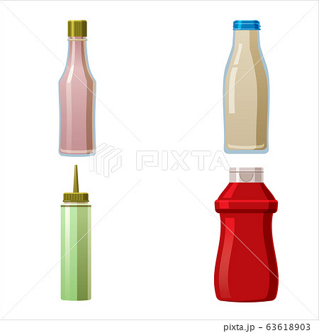 Bottles sauce and set. Soy Wasabi Mustard Ketchup Mayonnaise Creamy sauces. Food template, mock up plastic packaging, glass bottle. Vector cartoon style illustration isolated white background 63618903