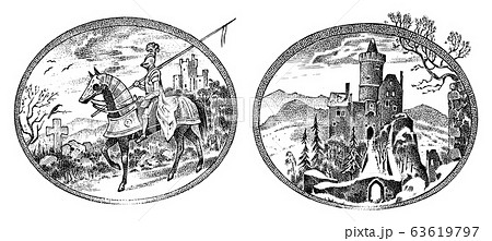 Medieval knight and castle. Antique chateau and cavalier on horseback. Ancient rider. Template for 63619797