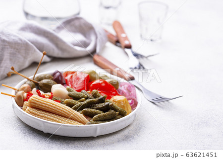 Assortment of marinated or pickled vegetable. 63621451