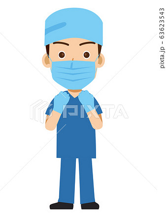手術着を着てガッツポーズをする笑顔の男性医師のイラスト 外科医 全身のイラスト素材