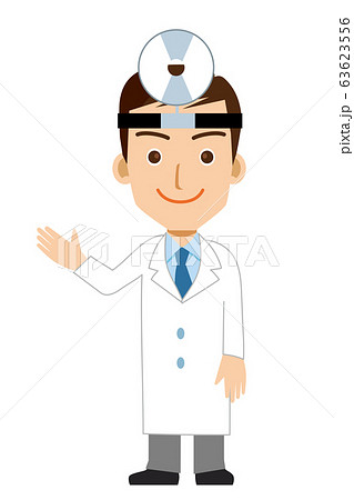 額帯鏡をつけた笑顔の男性医師のイラスト 耳鼻科医 全身 白衣ネクタイのイラスト素材