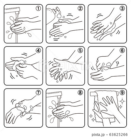 感染症予防のための正しい手洗いの方法 白黒線画のイラスト素材