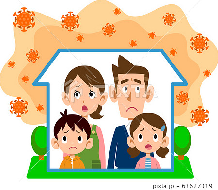コロナウイルスの影響で自宅待機する家族のイラスト素材
