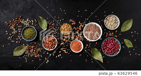 Legumes panorama, shot from the top on a black background. Lentils, soybeans, chickpeas, red kidney beans, a vatiety of pulses 63629546