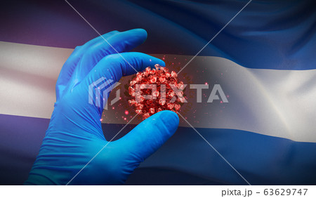 A hand in a medical glove holds a molecule, medical science concept, on background flag of El Salvador. 3D illustration. 63629747