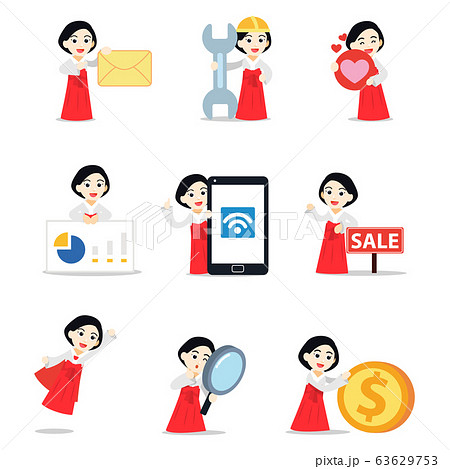 Set character of woman wearing traditional Miko priestess clothing. 63629753