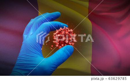 A hand in a medical glove holds a molecule, medical science concept, on background flag of Chad. 3D illustration. 63629785
