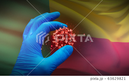 A hand in a medical glove holds a molecule, medical science concept, on background flag of Benin. 3D illustration. A hand in a medical glove holds a molecule, medical science concept, on background flag of Benin. 3D illustration. 63629821
