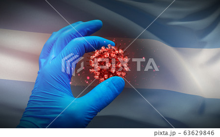 A hand in a medical glove holds a molecule, medical science concept, on background flag of Argentina. 3D illustration. A hand in a medical glove holds a molecule, medical science concept, on background flag of Argentina. 3D illustration. 63629846