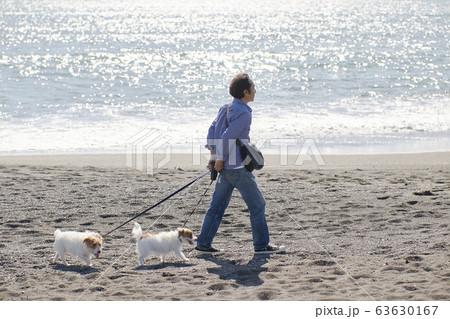 シニア男性 アクティブ 海 愛犬 シニア男性 アクティブ 海 愛犬 63630167