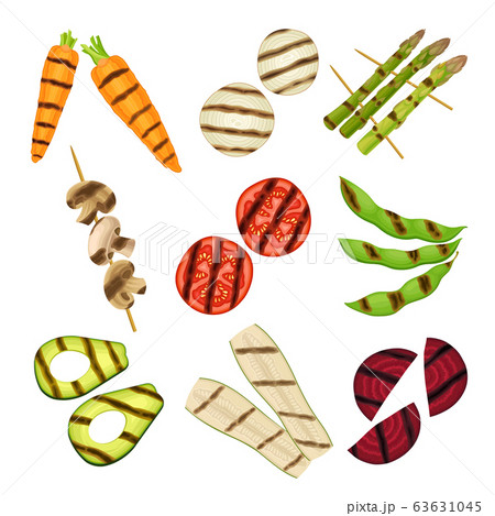 Grilled Skewered Vegetables and Mushrooms Isolated on White Background Vector Set Grilled Skewered Vegetables and Mushrooms Isolated on White Background Vector Set 63631045