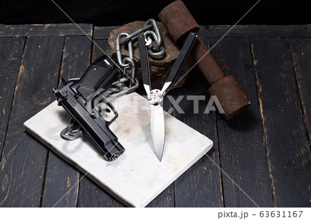 Set of street gangster. Knife and gun. Top. 63631167