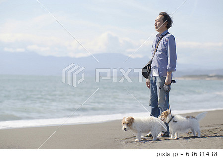 シニア男性 アクティブ 海 愛犬の写真素材