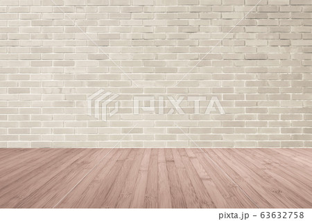 Cream brown brick wall textured background with wooden floor in red brown for interiors 63632758