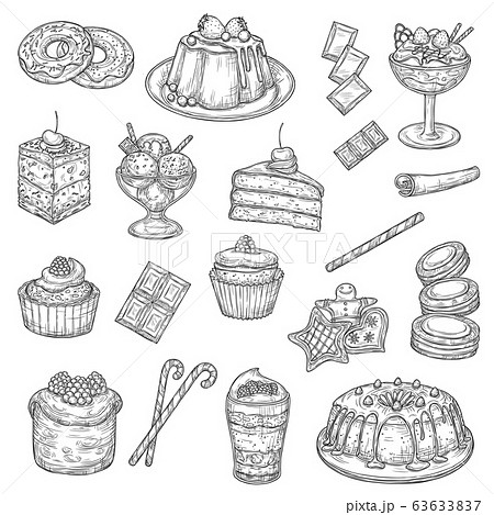 Pastry desserts and cakes, sweet food sketches Pastry desserts and cakes, sweet food sketches 63633837