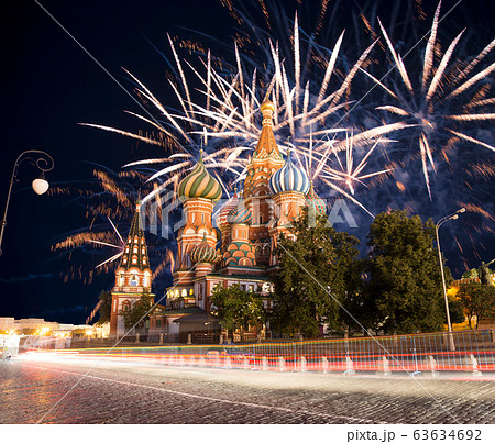 Cathedral of Intercession of Most Holy Theotokos on the Moat ( Temple of Basil the Blessed) and fireworks in honor of Victory Day celebration (WWII), Red Square, Moscow, Russia. Cathedral of Intercession of Most Holy Theotokos on the Moat ( Temple of Basil the Blessed) and fireworks in honor of Victory Day celebration (WWII), Red Square, Moscow, Russia. 63634692