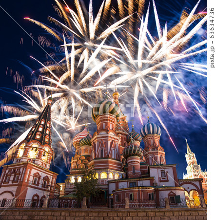 Cathedral of Intercession of Most Holy Theotokos on the Moat ( Temple of Basil the Blessed) and fireworks in honor of Victory Day celebration (WWII), Red Square, Moscow, Russia. Cathedral of Intercession of Most Holy Theotokos on the Moat ( Temple of Basil the Blessed) and fireworks in honor of Victory Day celebration (WWII), Red Square, Moscow, Russia. 63634736