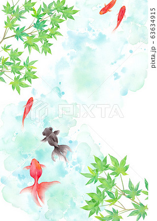 金魚と新緑のモミジで構成した夏のイメージ背景 水彩イラストのイラスト素材
