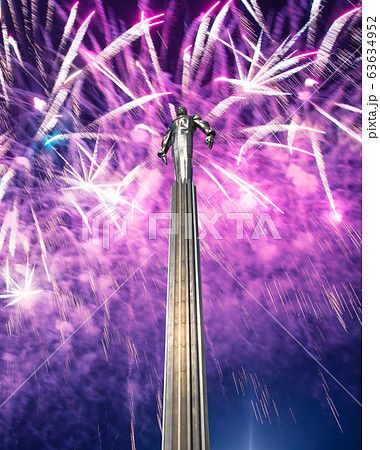 Fireworks over the Monument to Yuri Gagarin (42.5-meter high pedestal and statue), the first person to travel in space. It is located at Leninsky Prospekt in Moscow, Russia. Fireworks over the Monument to Yuri Gagarin (42.5-meter high pedestal and statue), the first person to travel in space. It is located at Leninsky Prospekt in Moscow, Russia. 63634952
