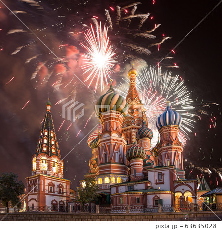 Cathedral of Intercession of Most Holy Theotokos on the Moat ( Temple of Basil the Blessed) and fireworks in honor of Victory Day celebration (WWII), Red Square, Moscow, Russia Cathedral of Intercession of Most Holy Theotokos on the Moat ( Temple of Basil the Blessed) and fireworks in honor of Victory Day celebration (WWII), Red Square, Moscow, Russia 63635028